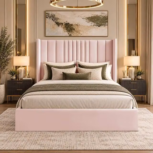 Desire Deco Adeline Pink Plush Velvet Wingback Ottoman Storage Bed Frame, W/D/H: 180 x 200 cm