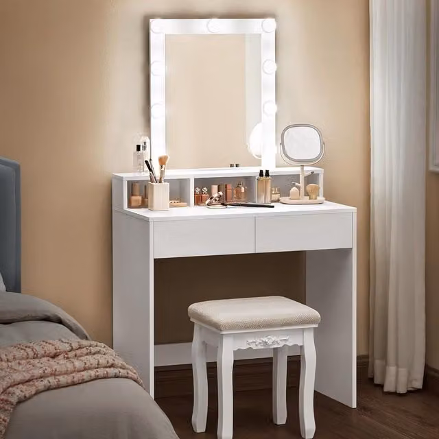 VASAGLE Modern White Dressing Table with Hollywood LED Lights