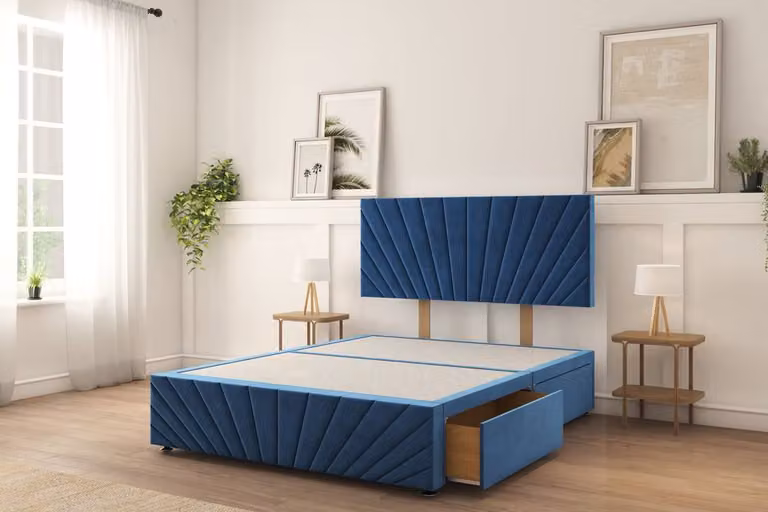 Sloomy Amberley Plush Divan Bed Set in Navy Blue with 2 Drawers (Left Side), 26 inch Strutted Headboard and 12 inch Matching Footboard, King Size, W/D/H: 180 x 200 cm