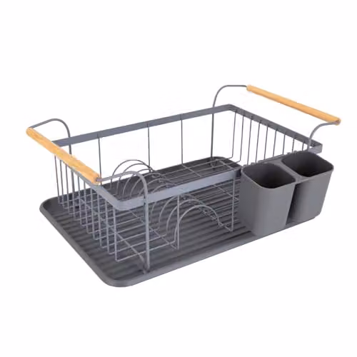 Tower Scandi Dish Drainer Rack with Removable Drip Tray and Cutlery Holder, Grey with Wood Effect Handles, W/D/H: 32.0 x 19.0 x 48.0 cm – 1
