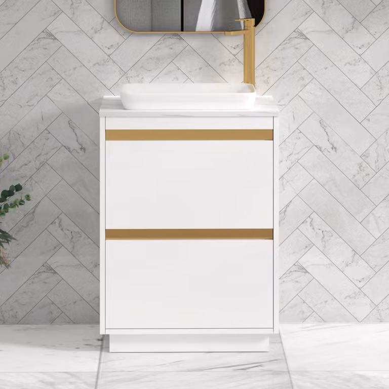 Royal Bathrooms Orion 2 Drawer Matt White Floor Standing Vanity Unit with Carrara White Stone Top and Countertop Basin featuring Brushed Brass Accent Trim