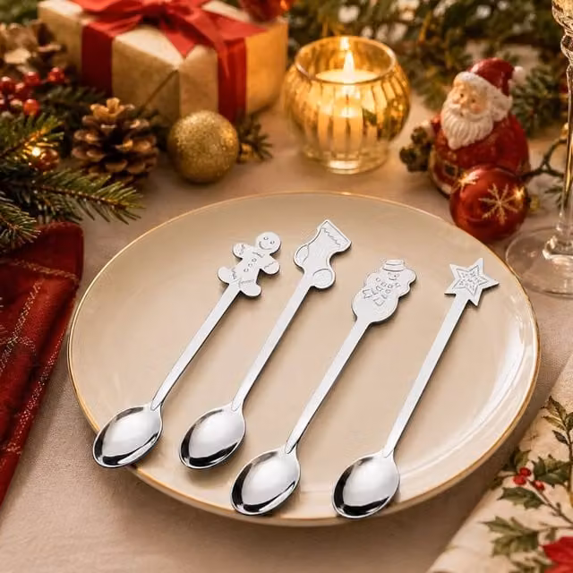 Lovii Polished Silver Stainless Steel Christmas Dessert Spoon Set of 4 – 1