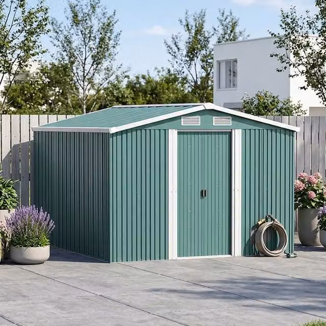 Breeins Metal Garden Shed with Sliding Door and Gable Roof, Dark Green