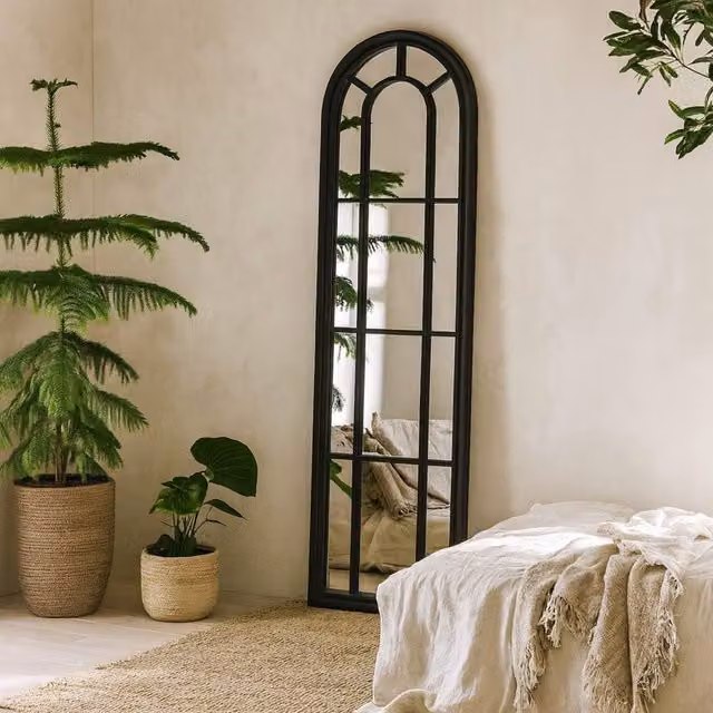Wyld Haus Slim Tall Arched Black Wood Windowpane Wall Mirror, H: 170 cm x W: 50 cm x D: 3 cm – 1