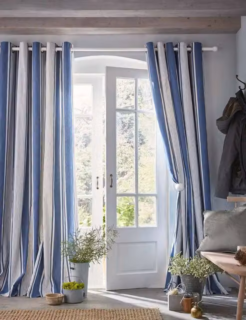 Laura Ashley Tiverton Blue Mix Striped Pure Cotton Thermal Eyelet Curtains H: 229 cm