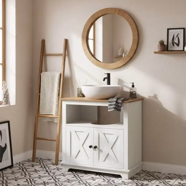 Wyld Haus Venole Under Sink Bathroom Vanity Cabinet in White and Brown with Hinged Doors and Internal Shelves, W/D/H: 60 x 30 x 52 cm – 1