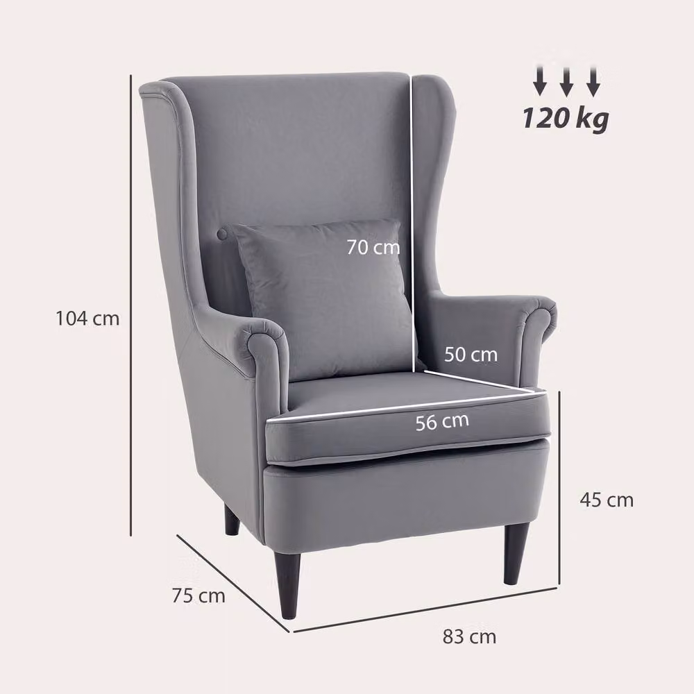 STILVORA Grey Fabric Wingback Chair with High Back, Armrests and Integrated Pillow – 2