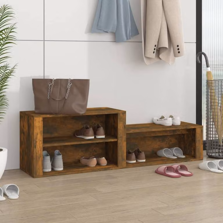 Berkfield Home Smoked Oak Shoe Cabinet in Brown with Integrated Seat, W/D/H: 150 x 35 x 45 cm