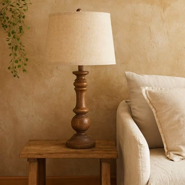 Wyld Haus Perouges Slim Wooden Style Pillar Table Lamp in Brown with Beige Fabric Shade, Diameter: 35 cm, Height: 21 cm – 1