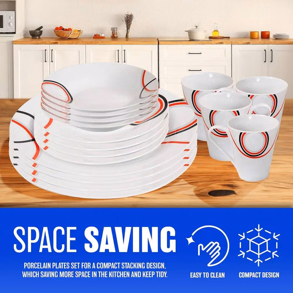 BARGAINS-GALORE 16 Piece Porcelain and Stoneware Dinner Set in Red, Black and White Patterns – 6