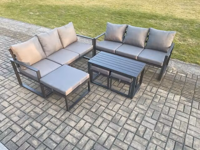 Fimous Aluminium Outdoor Garden Furniture Set in Dark Grey with 3 Seater Sofa, 2 Seater Sofa, Coffee Table and 3 Ottomans