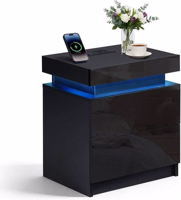 PAWNORA Modern Black Glossy Bedside Table with 2 Drawers and Integrated Lighting – 1