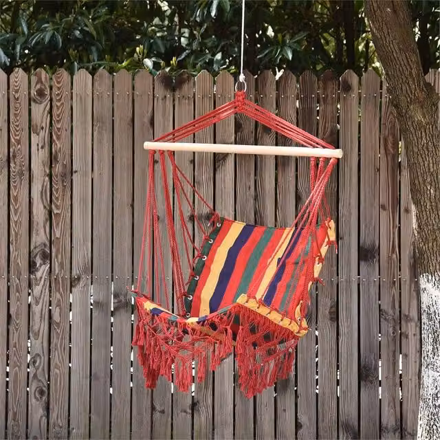 EONLION Red and Multicolour Striped Fabric Hammock Chair Swing with Wood Support, Diameter: 100 cm
