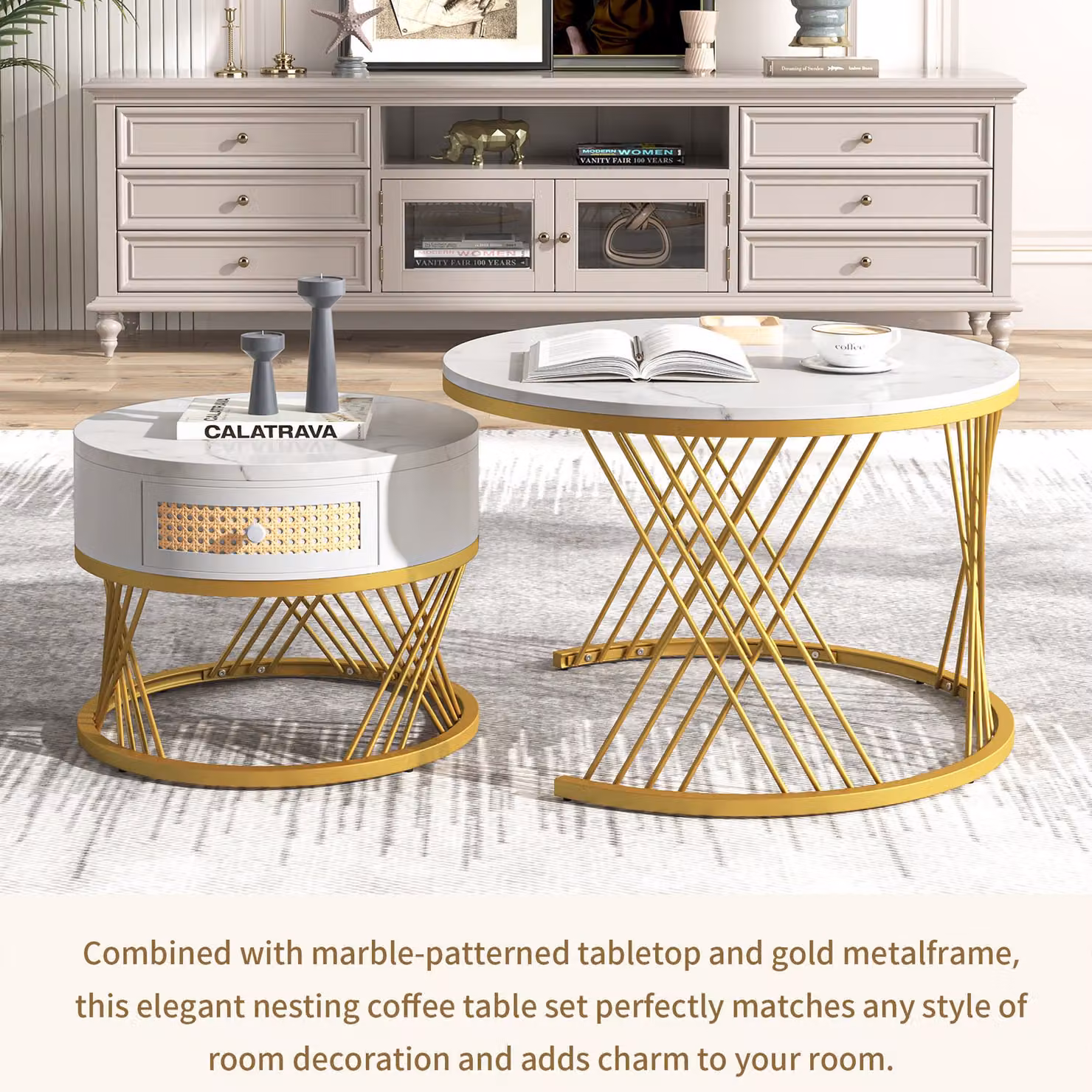 Aosom.UK 2-in-1 Nesting Coffee Table with Marble Top and Metal Legs, Round White and Gold Coffee Table with Storage, W/D/H: 70 x 70 x 45.5 cm – 3