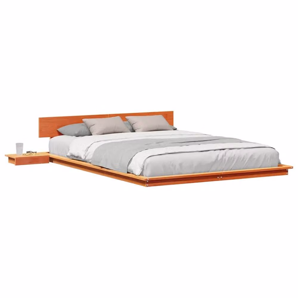 Berkfield Home Wax Brown Solid Pine Floor Bed Frame with Bedside Shelves, W/D/H: 150 x 200 cm – 2