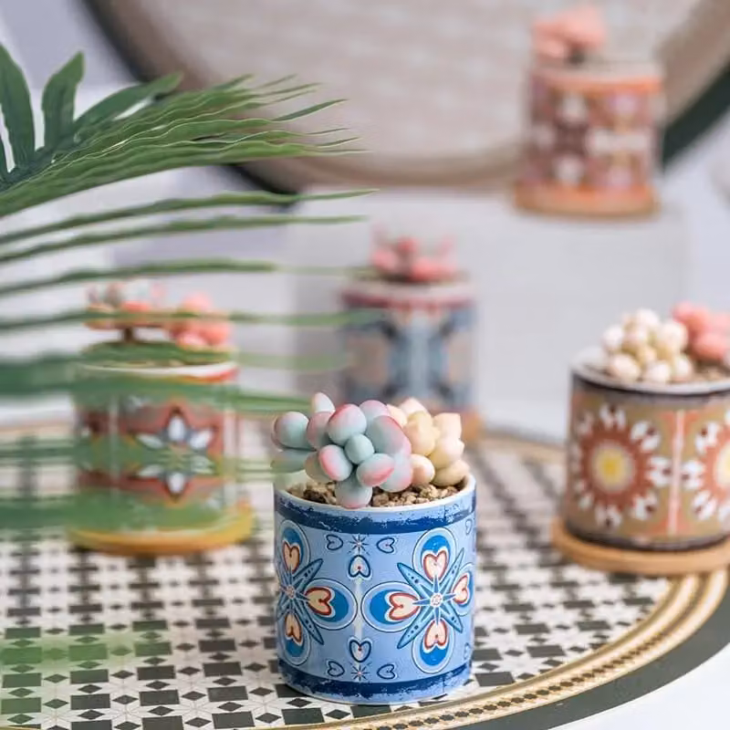 Simpa 6-Piece Retro Geometric Pattern Ceramic Plant Pots with Bamboo Bases in Multicolour – 4