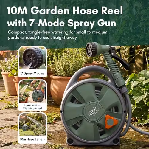 Pelle & Sol Green Wall Mounted Garden Hose Reel with 10m Kink Resistant Hose and 7 Mode Spray Gun – 2