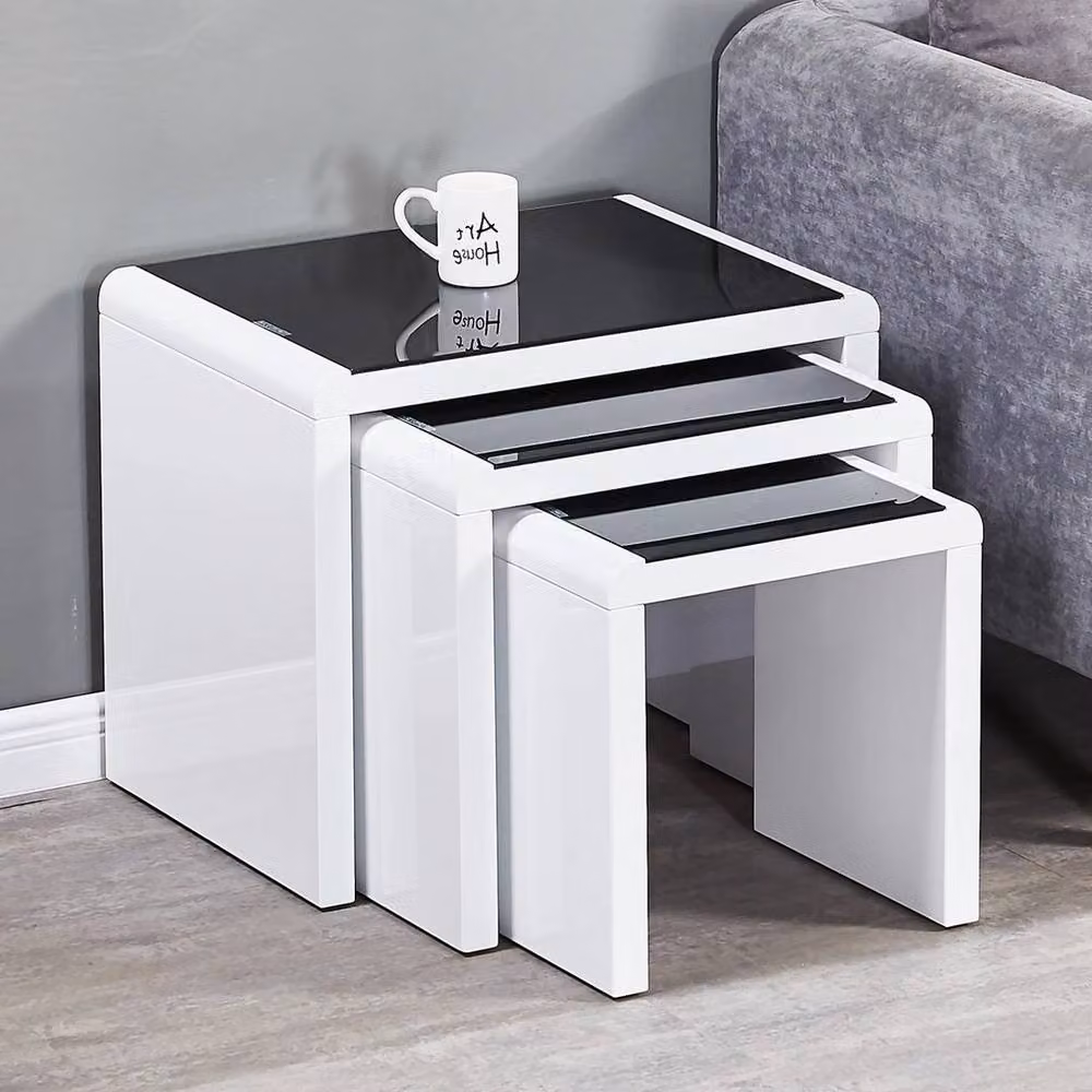 FORGEVIO Set of 3 Nested Square Coffee Tables with Black Glossy Glass Tops and White Metal Legs – 3