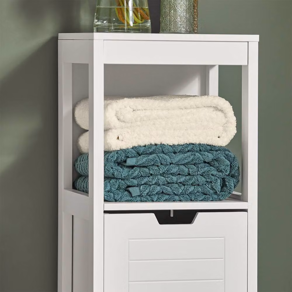 SoBuy Narrow White Bathroom Cabinet with 2 Drawers and Open Shelf, Height: 90 cm – 4