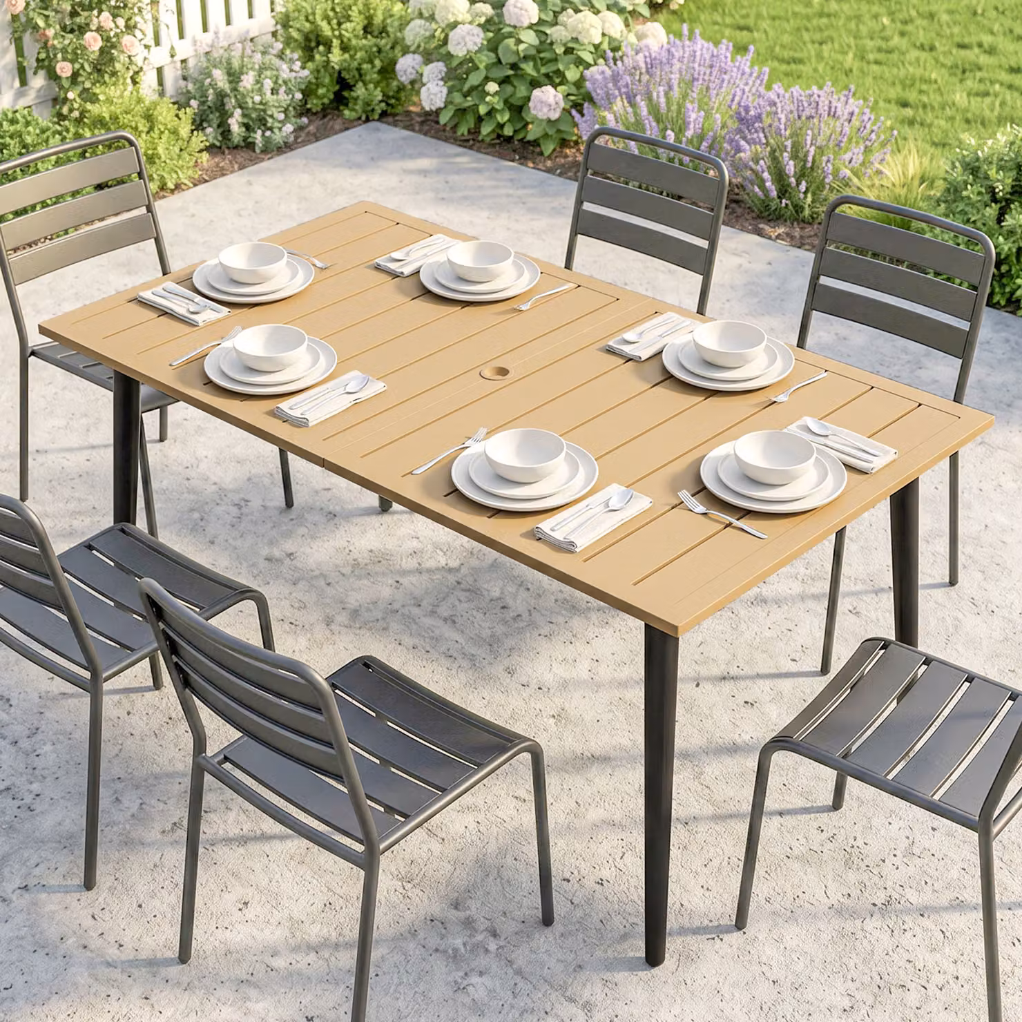 Outsunny Brown Rectangular Garden Dining Table with Parasol Hole and Powder Coated Steel Frame – 3