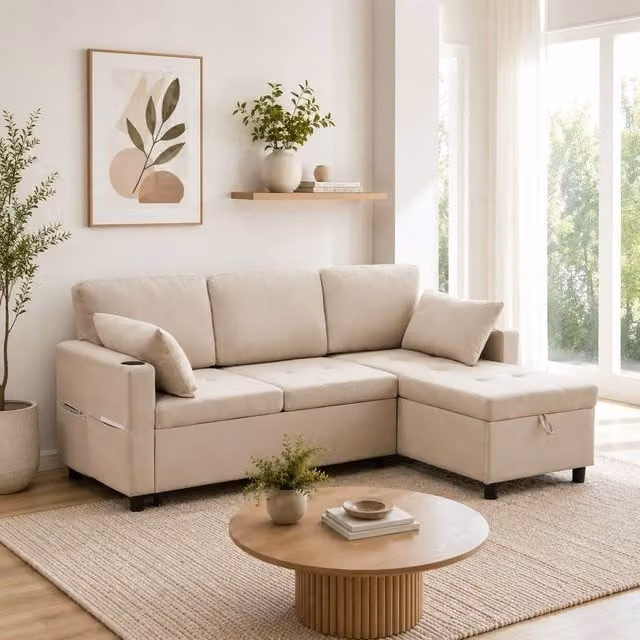 Merax 3-Seater L-Shaped Reversible Convertible Corner Sofa Bed with Storage and Cup Holders in Beige – 1