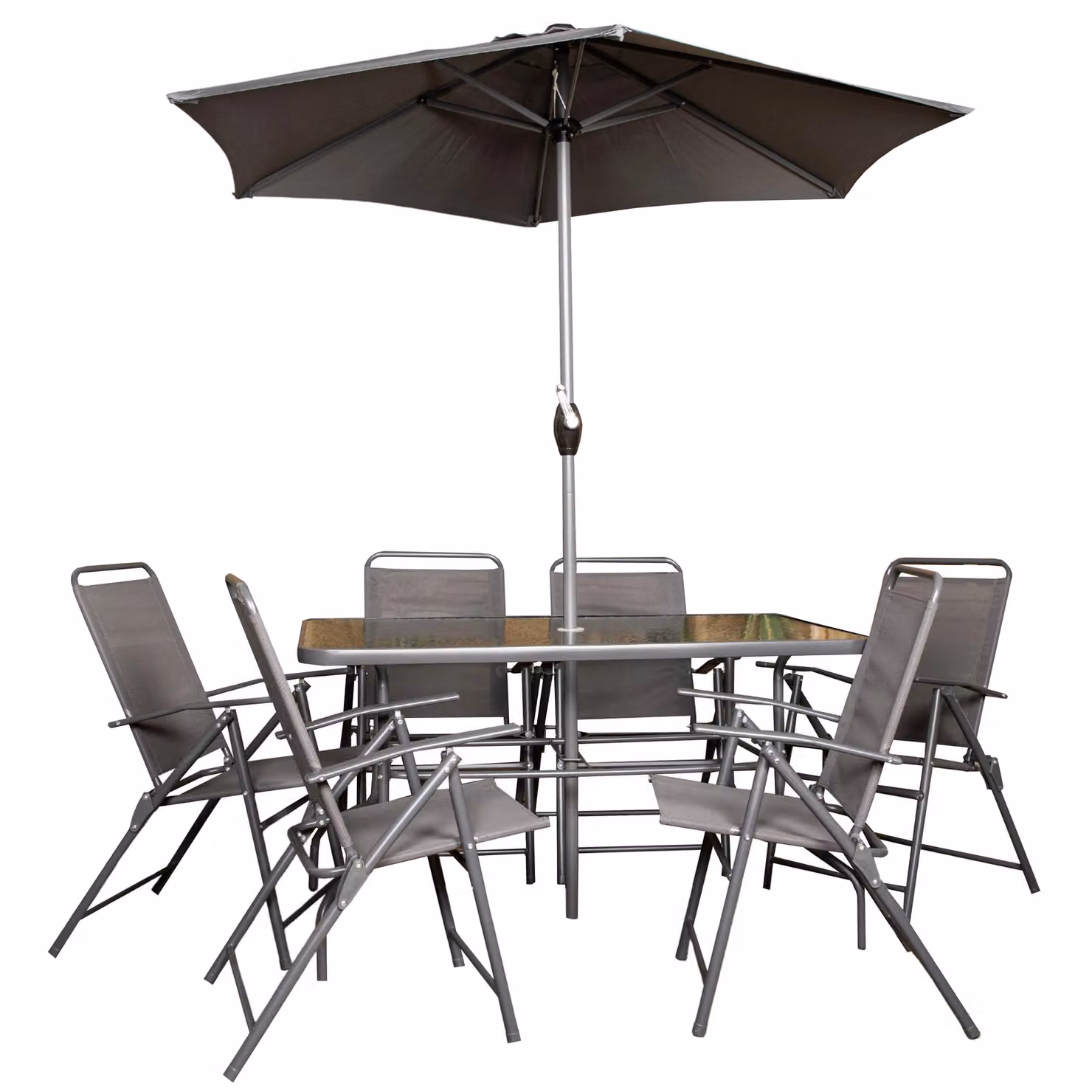 Samuel Alexander 6 Seater Outdoor Patio Set with Glass Top Table, Chairs and Parasol in Grey – 5