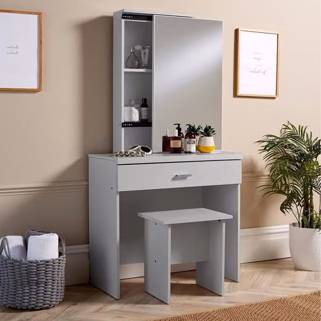 Home Source Berlin Dressing Table with Sliding Mirror and Stool Set in Grey