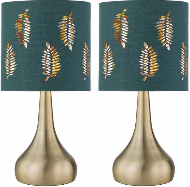 First Choice Lighting Romana Set of 2 Antique Brass Touch Table Lamps with Green Fabric Shades – 1
