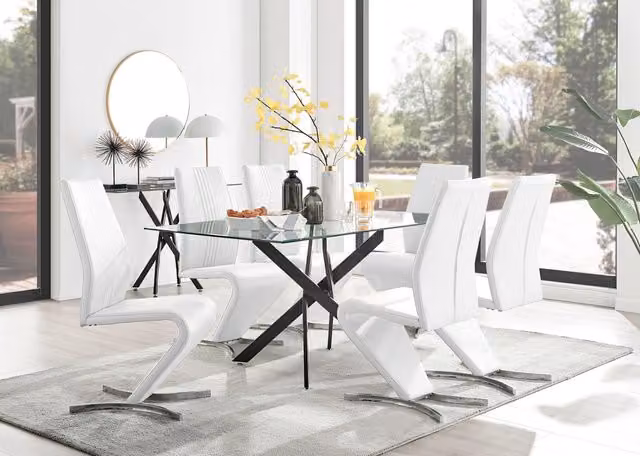 FurnitureboxUK Leonardo Glass Dining Table with 6 Willow Chairs in Black and White