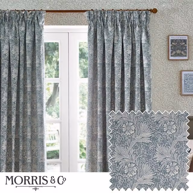 Morris & Co. Marigold Jacquard Floral Pencil Pleat Curtains, Blue, Width: 168 cm, Drop: 183 cm