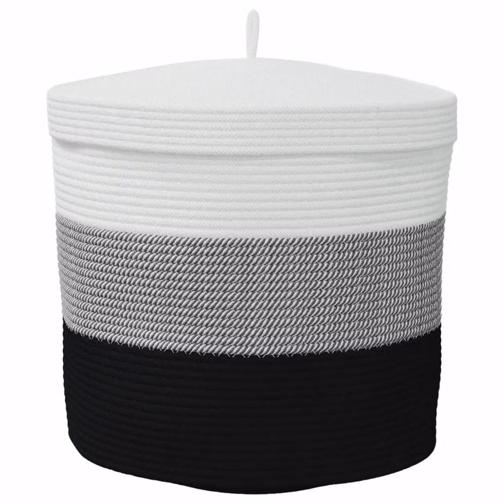 Berkfield Cotton Home Storage Basket with Lid and Handles, White and Black, W: 40 cm, H: 35 cm – 4