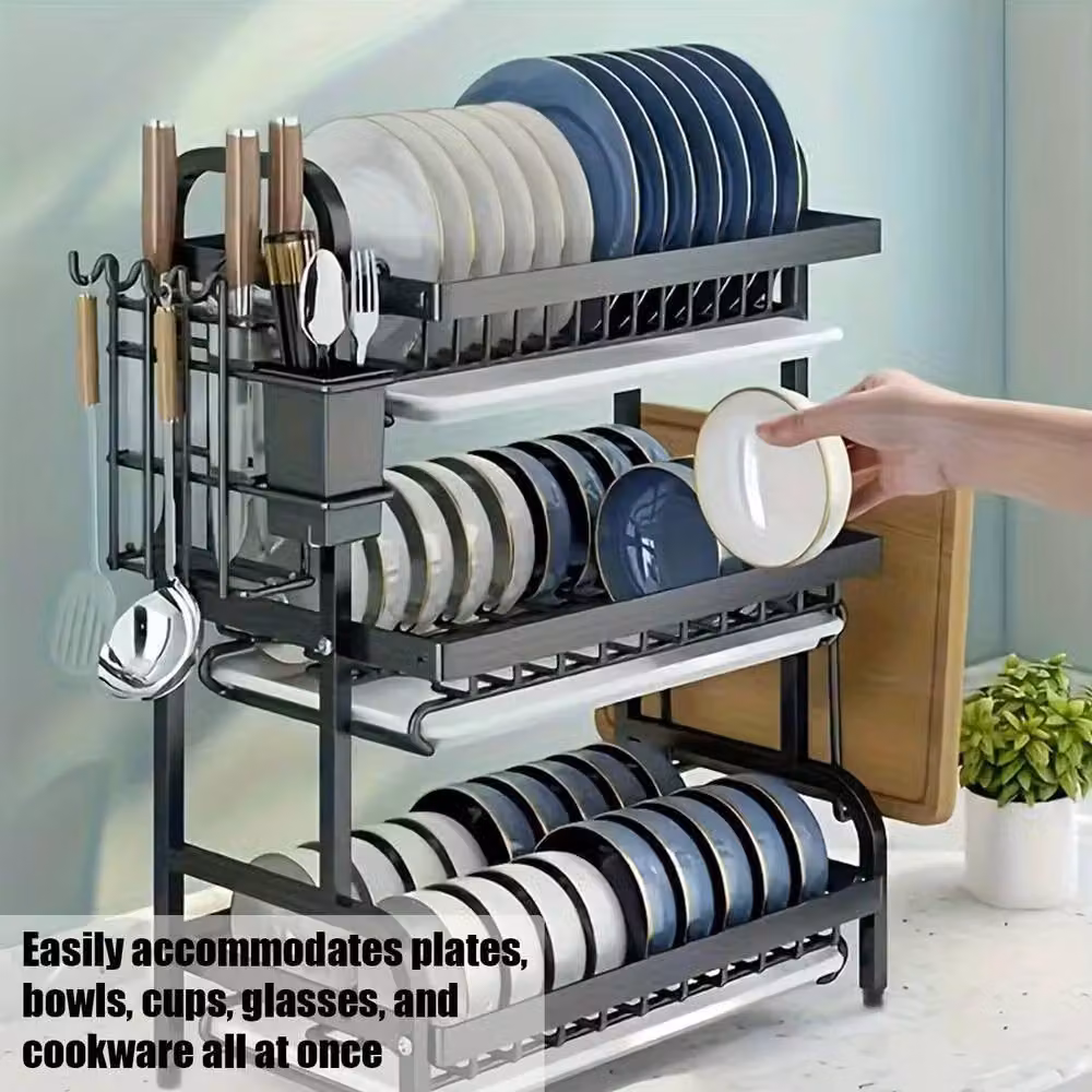 simplehuman Stainless Steel 3 Tier Dish Drainer Rack with Drip Tray and Cutlery Holder in Black or White – 5