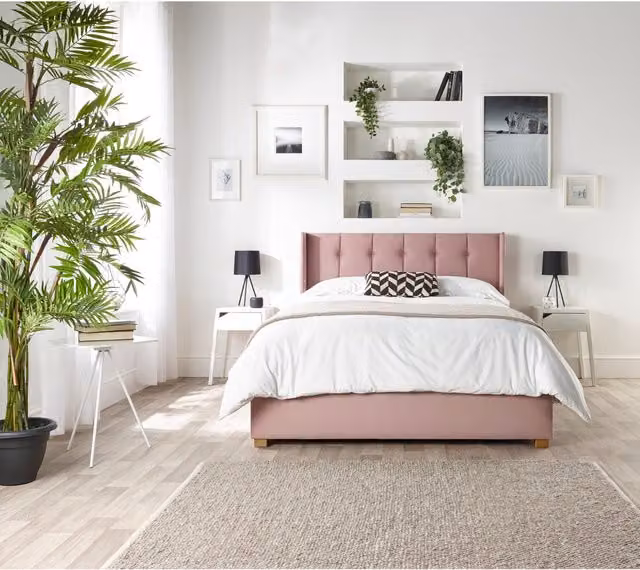 Catherine Lansfield Utopia Ottoman Wing Bed in Pink Velvet, W/D/H: 180 x 200 cm