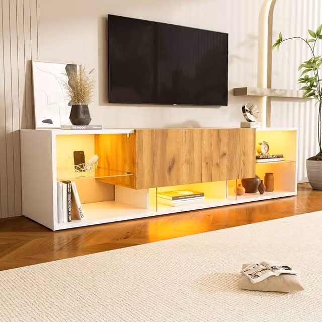 Matteo Modern White and Wood LED TV Stand with 2 Drawers and Integrated Lighting – 1
