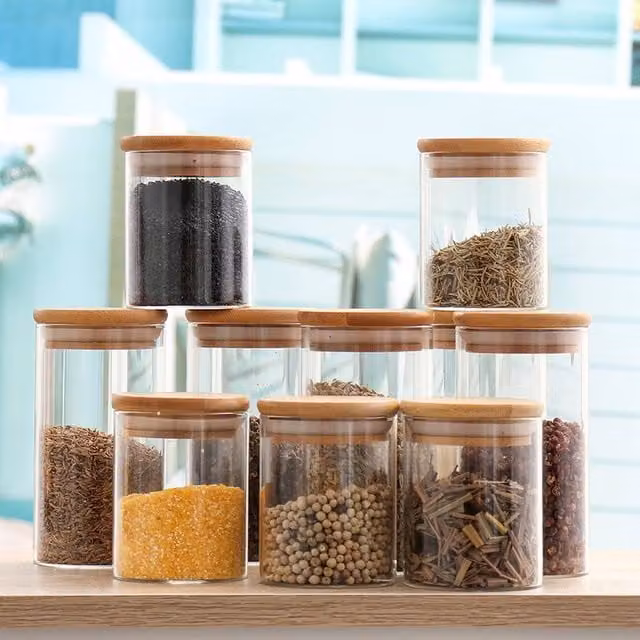 Living and Home 10-Piece Glass Storage Jar Set with Bamboo Lids and Measuring Spoons in Beige – 1