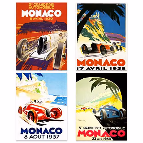 Artery8 Monaco Grand Prix Classic Racing Motor Sport Wall Art Poster Pack of 8, Multicolour, 30.48 x 41.0 cm – 2