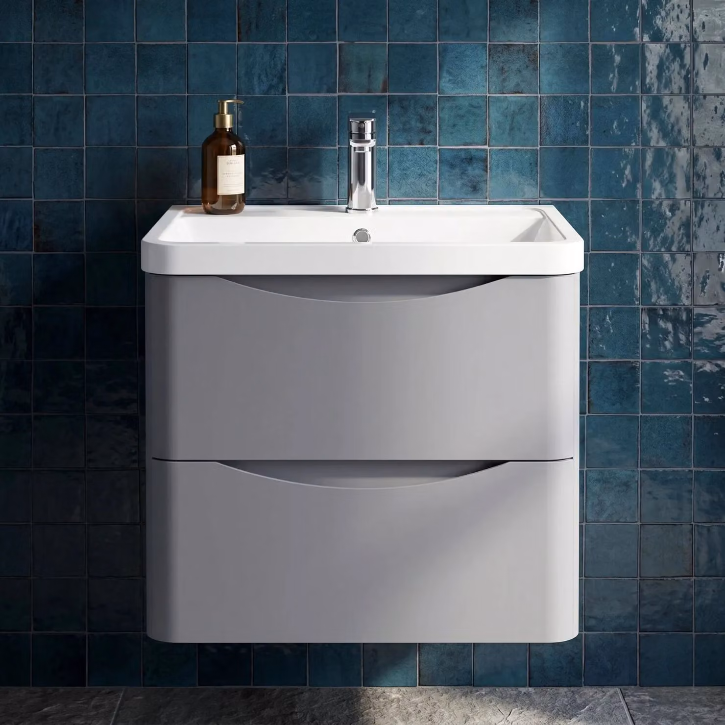 Balterley Wall Hung 2 Drawer Bathroom Vanity Unit and Basin, Satin Grey, W: 55 cm, D: 54 cm, H: 55 cm – 4