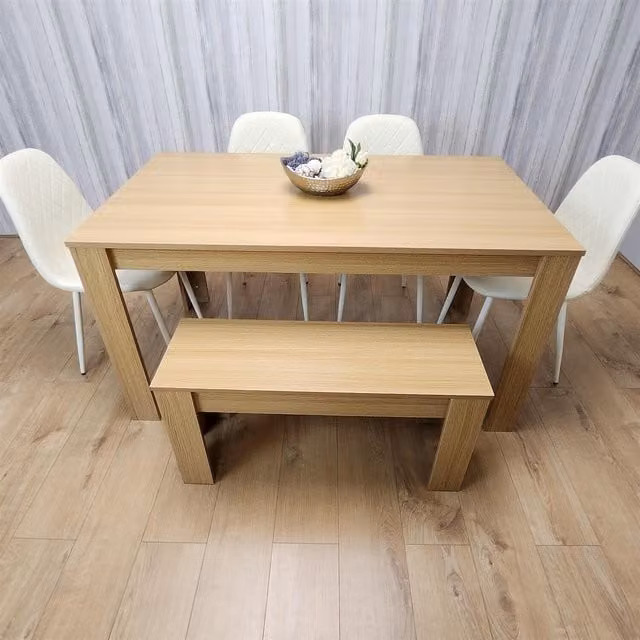 Kosy Koala 6 Seater Dining Set with Brown Rectangular Table, 4 White Gem Chairs and 1 Bench