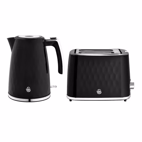 Swan Hexton Kitchen Set including 1.7L Rapid Boil Kettle and 2 Slice Toaster, Black with Chrome Accents – 1