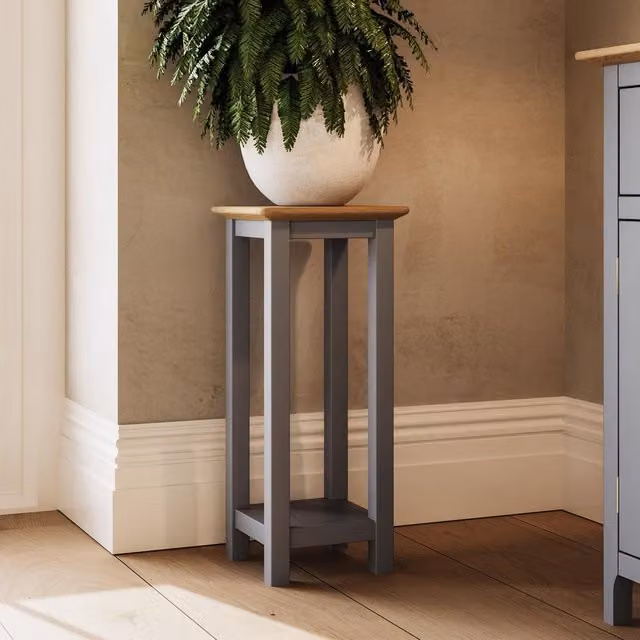 FWStyle Modern Painted Side Table with Oak Effect Top and Shelf, Grey and Oak