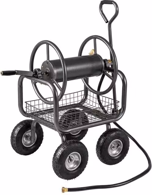 Costway Heavy-Duty Metal Garden Hose Reel Cart with Storage Basket in Grey