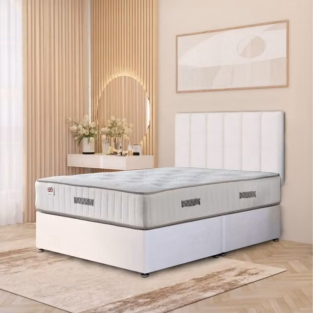 Somnior Beds Ltd Austin Plush Velvet Orthopaedic Divan Bed Set with Hybrid Mattress, Headboard and Drawers, White, W/D: 180 x 200 cm