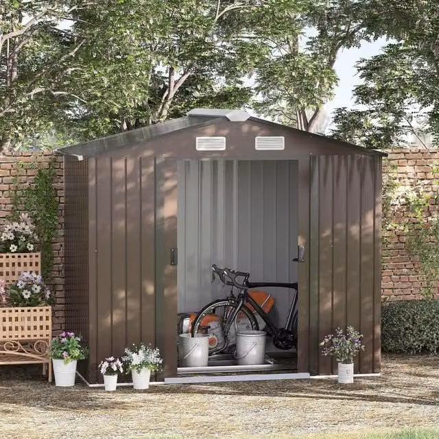 Outsunny Large Galvanised Steel Metal Garden Storage Shed with Sliding Doors and Side Vent in Brown