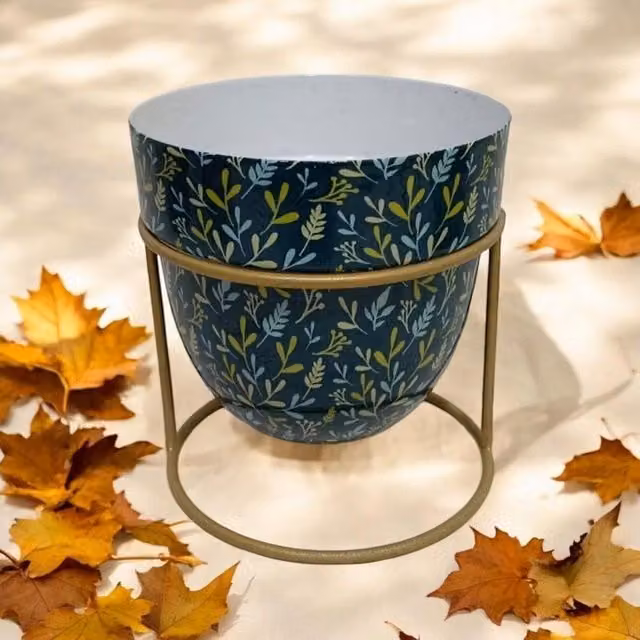 Minster Small Floral Print Design Planter with Stand in Blue and Green, W: 13 cm, D: 13 cm, H: 13 cm