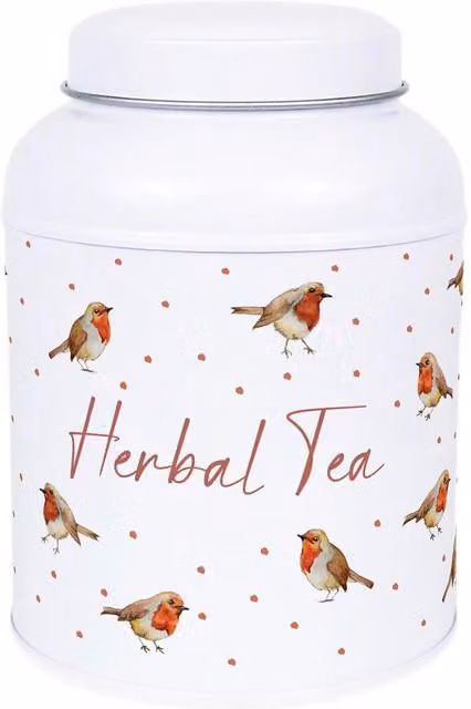 Purely Home English Robins Decaf Canister Small Dome Lid Kitchen Storage Tin in White Metal