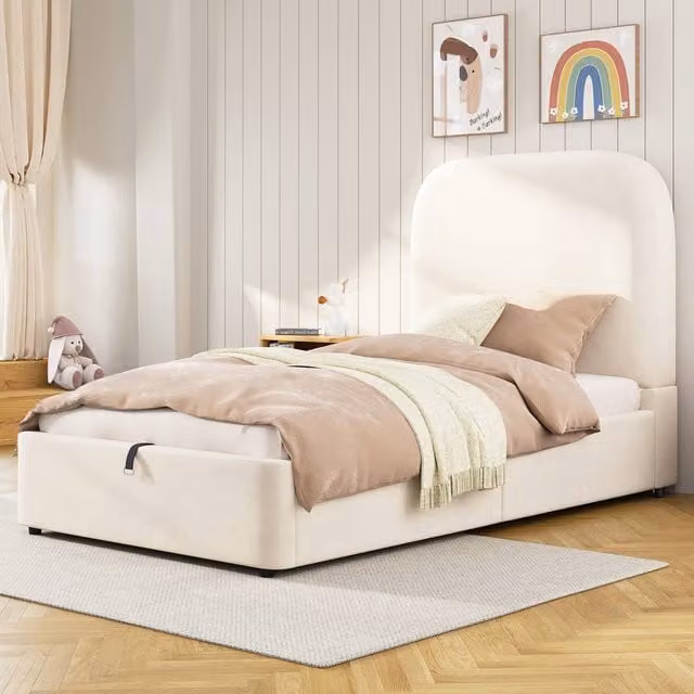 Merax Single Upholstered Velvet Ottoman Storage Bed Frame with Rounded Headboard in Beige, W/D/H: 90 x 190 x 150 cm