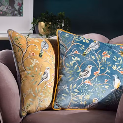 Wylder Tropics Orient Chinoiserie Birds Printed Piped Velvet Cushion in Gold, W/D/H: 43 x 43 x 43 cm – 2