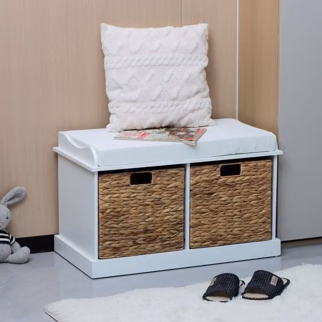 Home Source White Hallway Storage Bench with 2 Woven Rattan Drawers and Padded Fabric Top, W/D/H: 75 x 40 x 46 cm – 1
