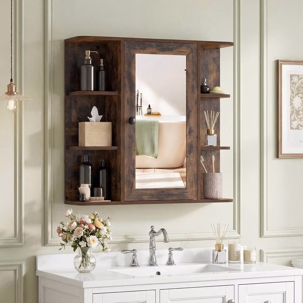 Gymax Wall Mounted Brown Modern Bathroom Medicine Cabinet with Mirror and Internal Shelves – 4