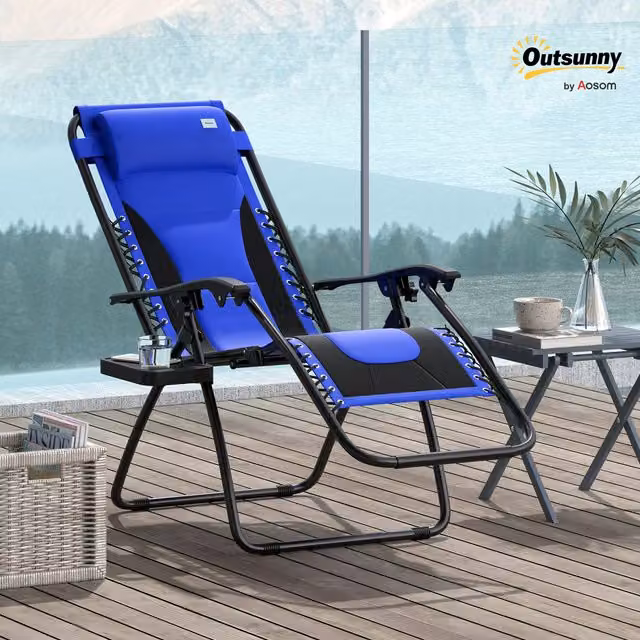 Outsunny Zero Gravity Folding Recliner Lounger with Cup Holder and Pillow, Blue